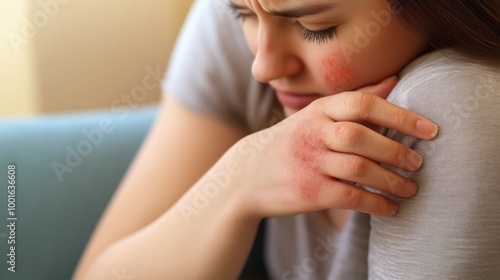 Woman with itchy rash from allergic reaction on skin