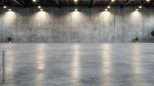 Modern industrial interior featuring a polished concrete floor and minimalist...