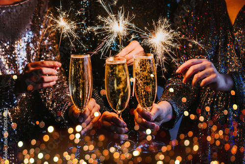 Friends celebrating Christmas or New Year eve party with Bengal lights and champagne.