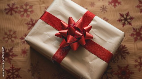 wrapped white Christmas gift in Christmas paper covers with a bow on it with Christmas relevant background 