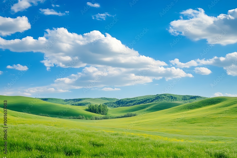 Sunny day with blue sky and fluffy clouds over green rolling hills. Nature landscape background Sunny day with blue sky and fluffy clouds over green rolling hills. Nature landscape background