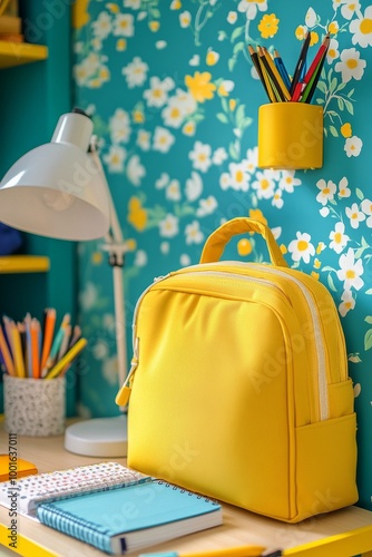 Bright yellow backpack on a desk with stationery in a cheerful, floral-themed...