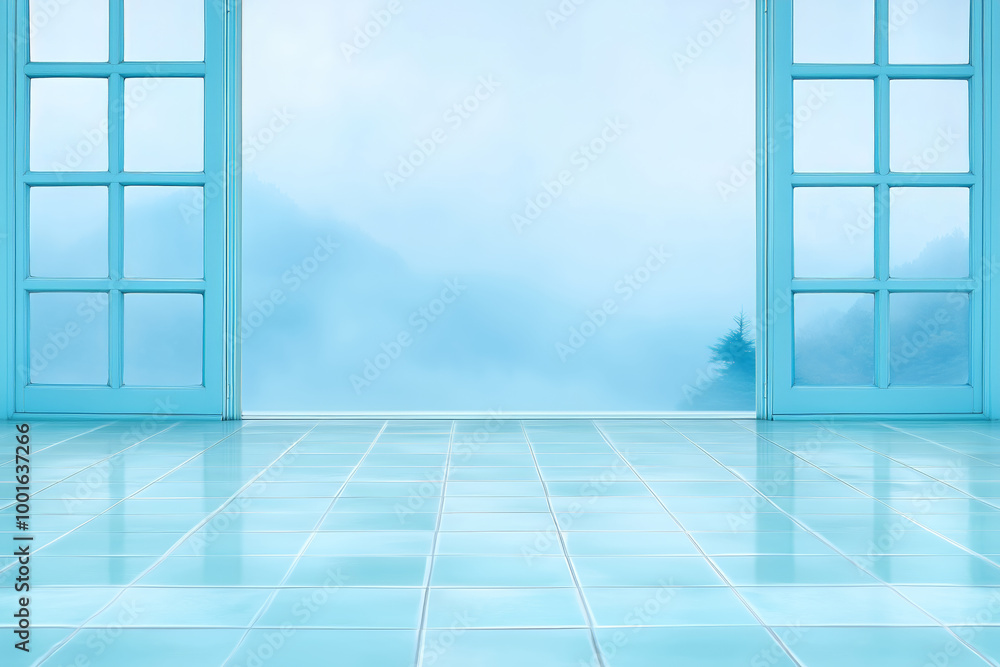 A serene room with blue tiles and large windows overlooking a misty landscape at dawn A serene room with blue tiles and large windows overlooking a misty landscape at dawn