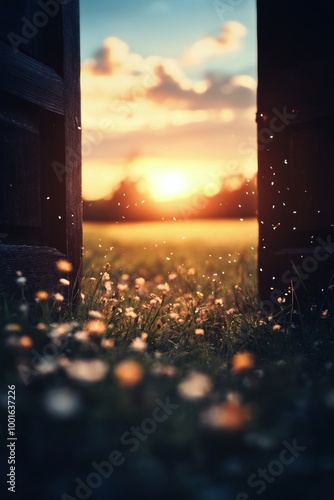 A serene open door framed by wildflowers at sunset in a tranquil meadow setting
