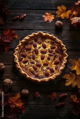 Delicious pecan pie surrounded by autumn leaves and nuts on a rustic wooden t...