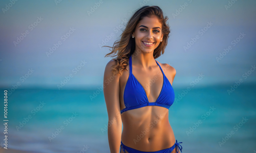 A woman in a blue bikini smiles at the camera while standing on a beach A woman in a blue bikini smiles at the camera while standing on a beach