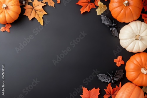 Decorative display of black, white, and orange pumpkins on a vibrant orange b...
