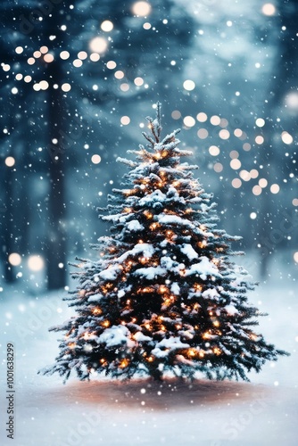 A beautifully lit, snow-covered Christmas tree in a serene winter landscape w...