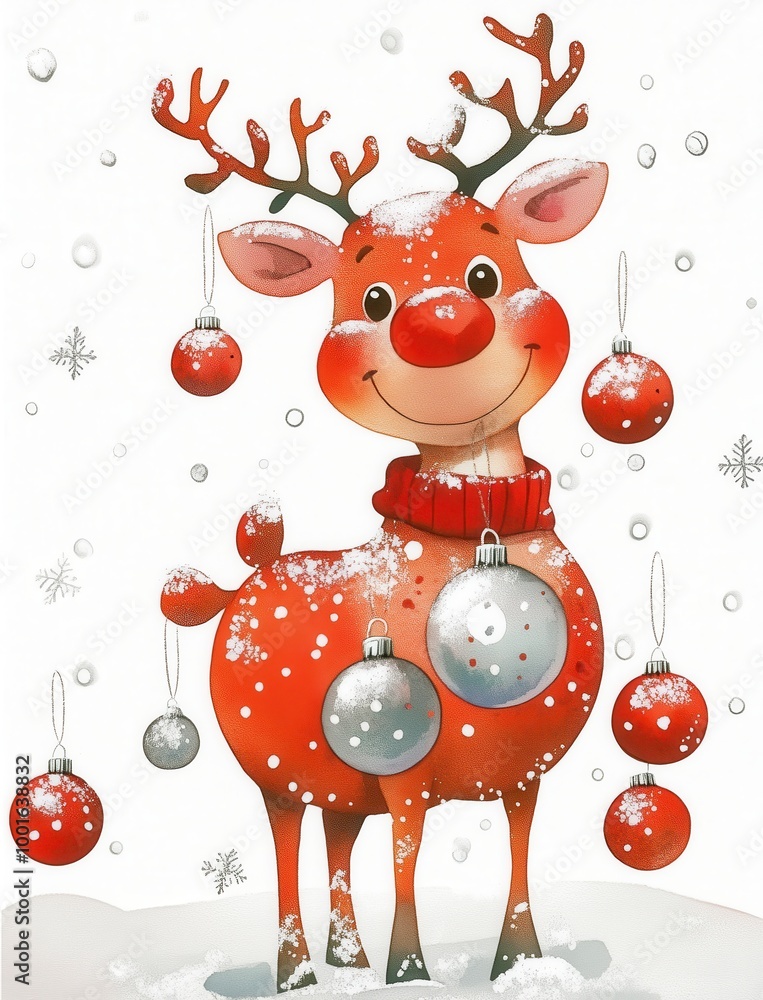 Fototapeta premium Cheerful Cartoon Reindeer Decorated With Christmas Ornaments in a Snowy Winter Scene