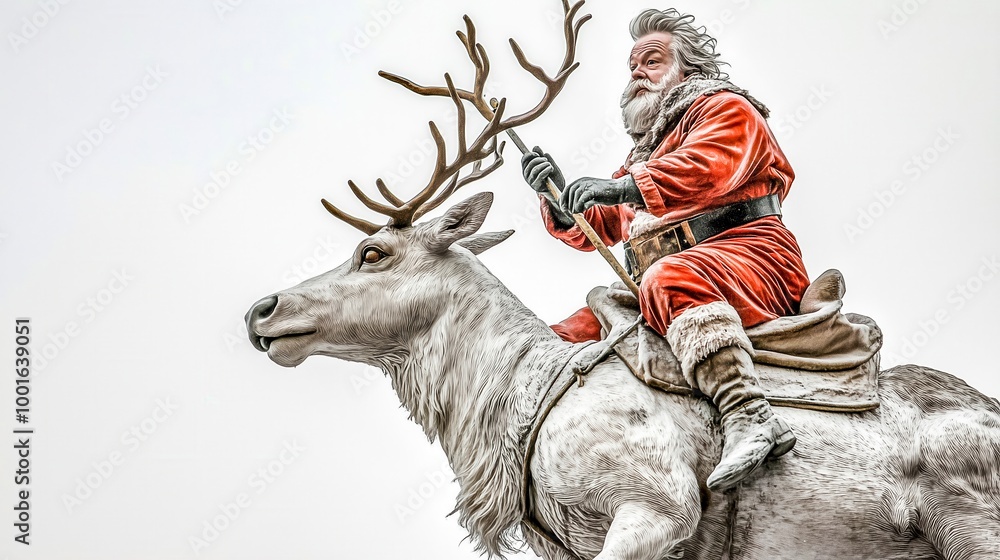 Fototapeta premium Santa Claus Riding a Reindeer During a Festive Winter Celebration in a Snowy Landscape