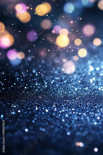 Stunning blue and gold bokeh sparkle effect created by light reflections in a...
