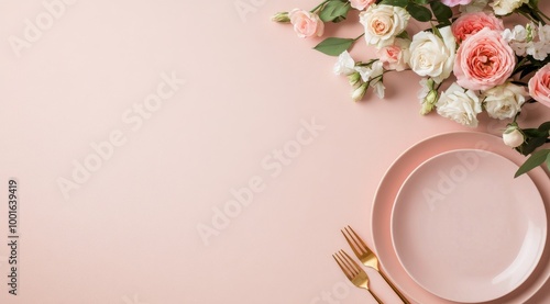 Elegant table setting with pink roses and golden cutlery for a special celebr...