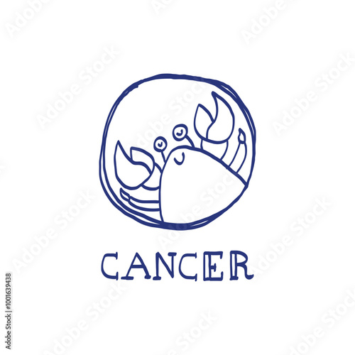 Cancer zodiac sign. Hand drawn sketch. Blue pen or marker drawing. Astrological calendar, zodiacal round. Vector horoscope