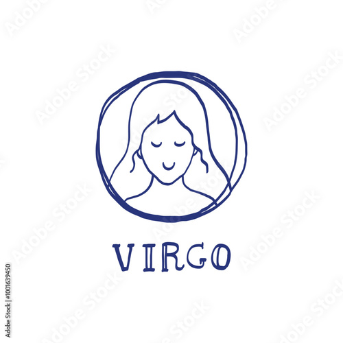 Virgo zodiac sign. Hand drawn sketch. Blue pen or marker drawing. Astrological calendar, zodiacal round. Vector horoscope