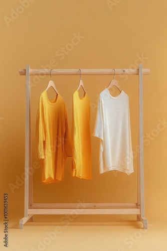 Colorful display of yellow and white garments arranged on a wooden rack again...