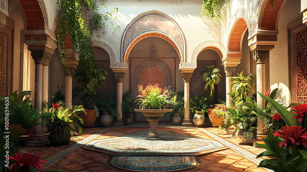 Obraz premium Moorish horseshoe arches and vibrant mosaics in a serene courtyard create breathtaking artistry. Moorish Architecture. Illustration