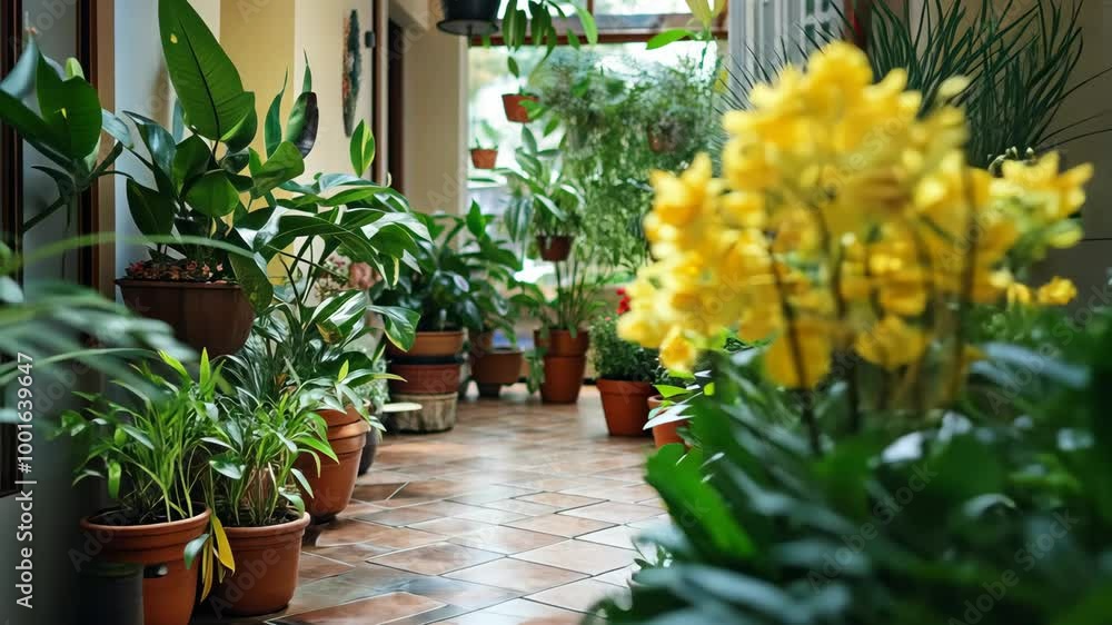 A bright yellow flower blooms in a lush, indoor garden A bright yellow flower blooms in a lush, indoor garden