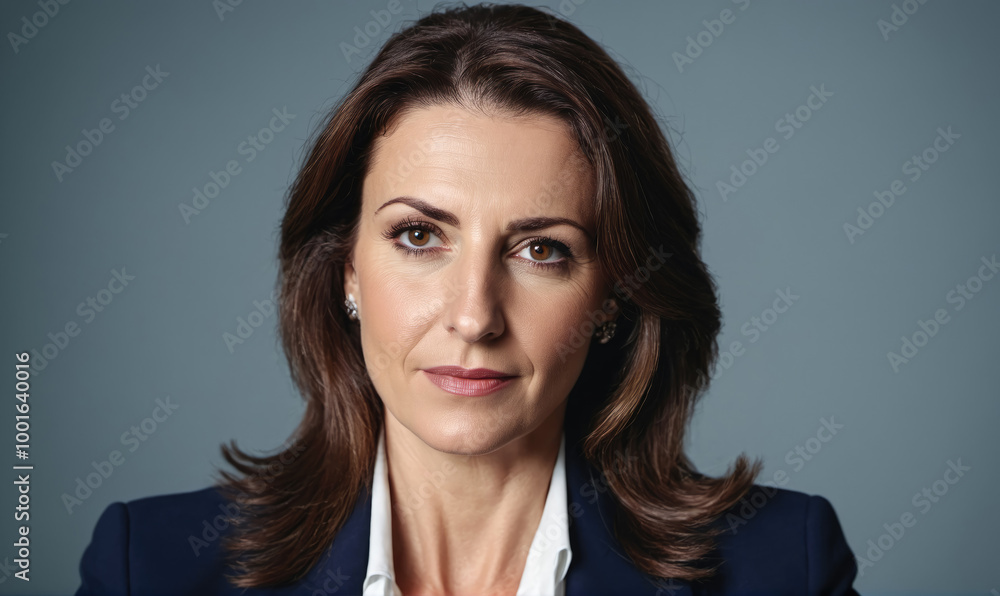 Fototapeta premium A woman with brown hair looks directly at the camera while wearing a blue blazer