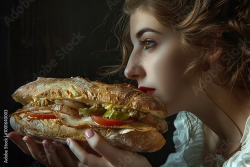 A Renaissance style photo of a woman eating a giant sub sandwich, with a dark background, rendered in a hyper realistic style. --ar 3:2 --v 6 Job ID: 6f6fce38-92ea-400d-899d-7c7bd9a3c349 photo