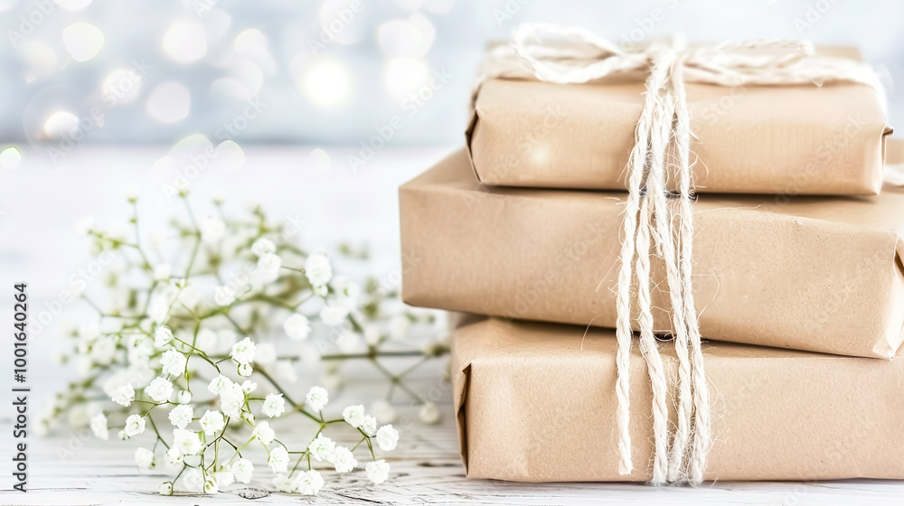 Gift boxes wrapped in kraft paper and tied with twine on white wooden background with bokeh lights. Greeting card template with copy space. Gift boxes wrapped in kraft paper and tied with twine on white wooden background with bokeh lights. Greeting card template with copy space.