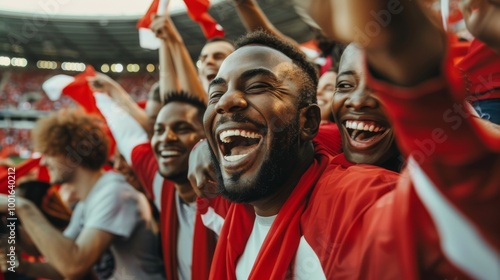 Fototapeta Naklejka Na Ścianę i Meble -  Sport Stadium Soccer Match: Diverse Crowd of Fans Cheer for their Red Team to Win. People Celebrate Scoring a Goal, Championship Victory. Group People with Painted Faces Cheer, Shout, Have Fun