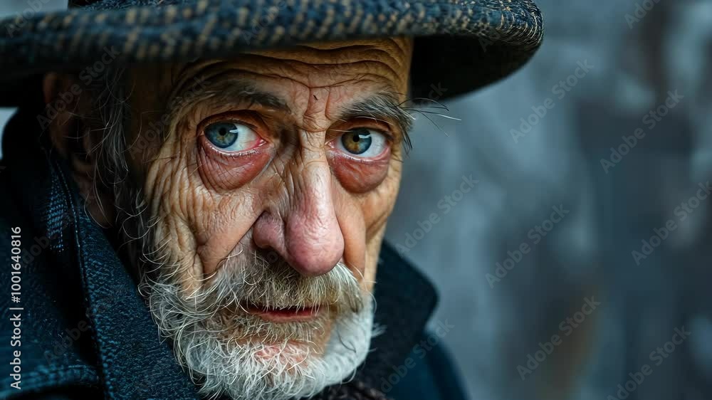 An elderly man with a white beard and a blue hat looks directly at the camera An elderly man with a white beard and a blue hat looks directly at the camera