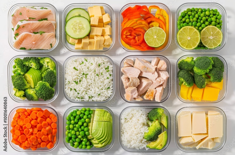 A variety of healthy meal prepped dishes in plastic containers, including vegetables and rice on a white background. The focus is centered around the food items, with a top-down perspective that highl A variety of healthy meal prepped dishes in plastic containers, including vegetables and rice on a white background. The focus is centered around the food items, with a top-down perspective that highl