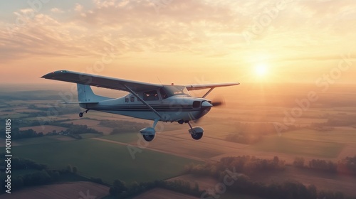 Small plane flying at sunset over a patchwork of fields and valleys