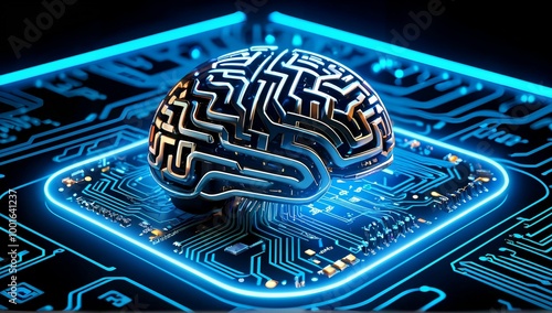 Futuristic Concept Illustration Art of A High-Tech Brain-Shaped AI Chip on A High-Tech Computer Circuit Board With Vibrant Neon Lights
