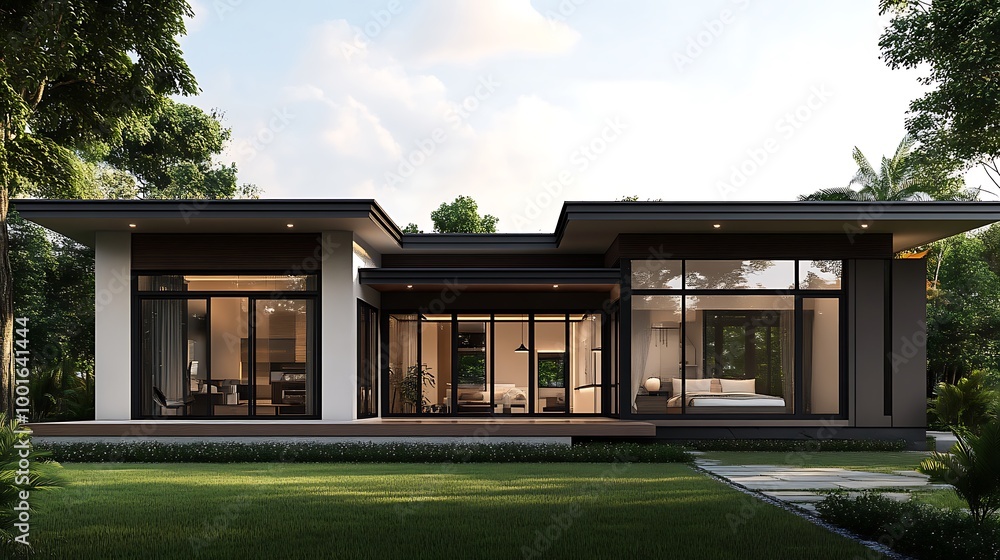Modern minimalist single story house with large windows and green lawn Modern minimalist single story house with large windows and green lawn