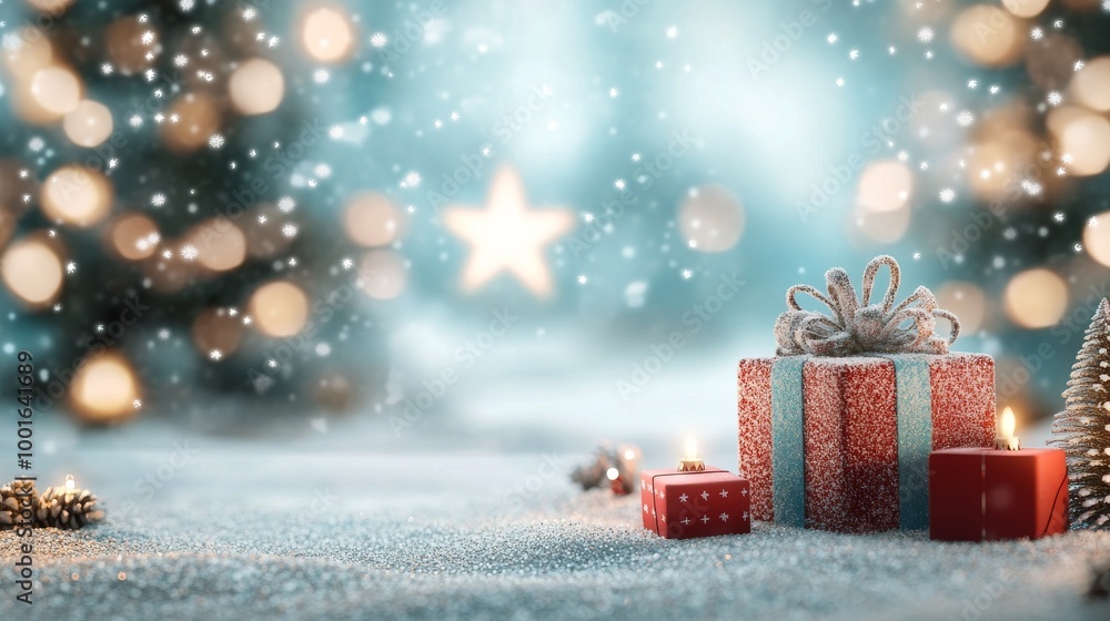 Snowy winter scene with Christmas trees and beautifully wrapped gifts glowing in soft lights Snowy winter scene with Christmas trees and beautifully wrapped gifts glowing in soft lights
