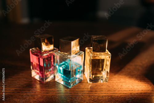 three glass perfume bottles with gold caps in pink, blue, and clear colors on wooden surface, illuminated by warm sunlight in an elegant setting