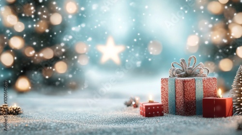 Snowy winter scene with Christmas trees and beautifully wrapped gifts glowing...