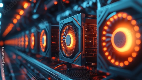 A close-up of GPUs processing blockchain transactions in a mining facility, highlighting the power and speed of modern cryptocurrency mining technology. photo