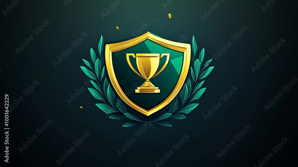 Golden Trophy Inside a Green Shield with Laurel Wreath, Achievement Icon Design Golden Trophy Inside a Green Shield with Laurel Wreath, Achievement Icon Design