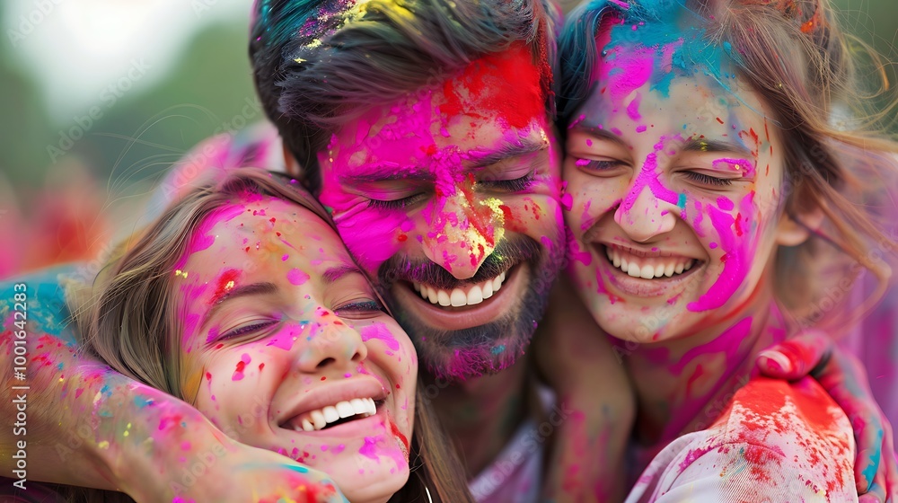 Happy people covered in colorful Holi powders hugging each other joyfully during the festival celebration Happy people covered in colorful Holi powders hugging each other joyfully during the festival celebration