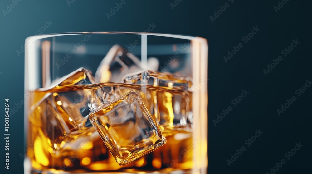 Close-up of a whiskey glass with large ice cubes and amber liquid highlighting reflections photorealistic, super macro shot Close-up of a whiskey glass with large ice cubes and amber liquid highlighting reflections photorealistic, super macro shot