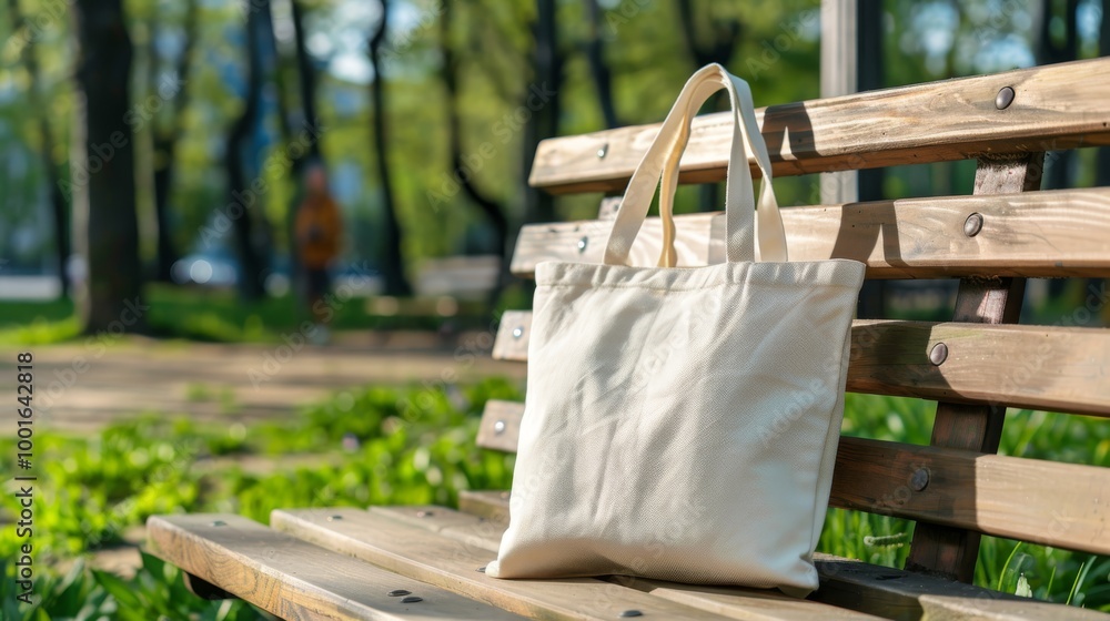 Tote bag mockup concept image with a blank tote bag sitting outside in a park on sunny day for the large sturdy cloth unfastened bag with parallel handles with copy space Tote bag mockup concept image with a blank tote bag sitting outside in a park on sunny day for the large sturdy cloth unfastened bag with parallel handles with copy space