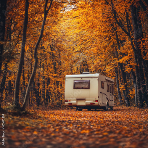 Travel trailer parked in forest wilderness nature in autumn or fall season outdoors. Summer campsite adventure with motorhome, RV caravan camper surrounded by orange and yellow tree leaves