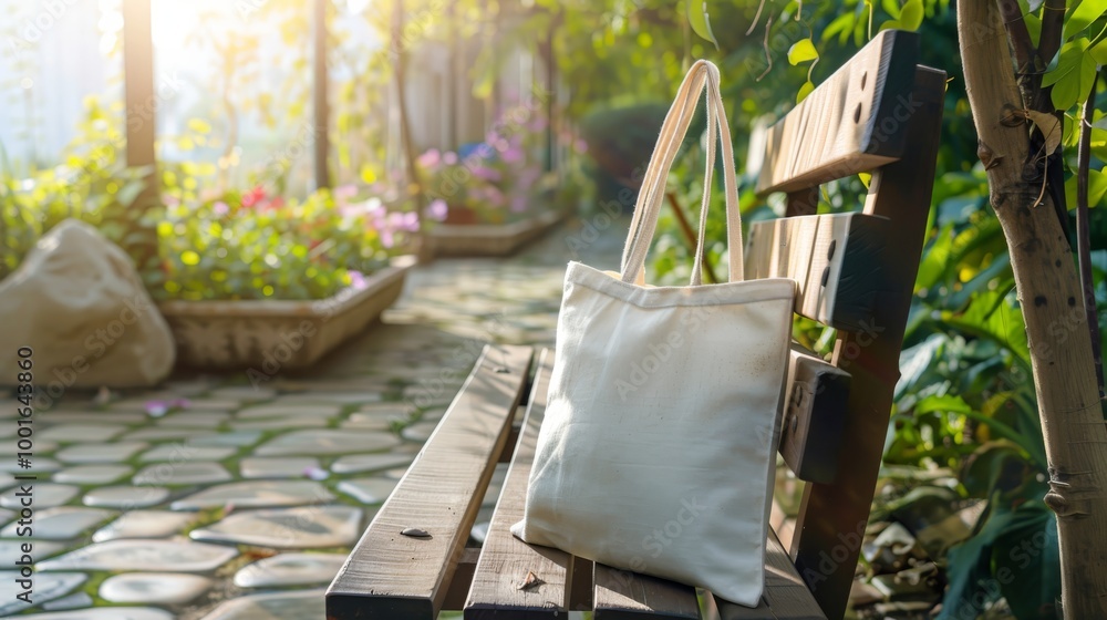 Tote bag mockup concept image with a blank tote bag sitting outside in a park on sunny day for the large sturdy cloth unfastened bag with parallel handles with copy space Tote bag mockup concept image with a blank tote bag sitting outside in a park on sunny day for the large sturdy cloth unfastened bag with parallel handles with copy space