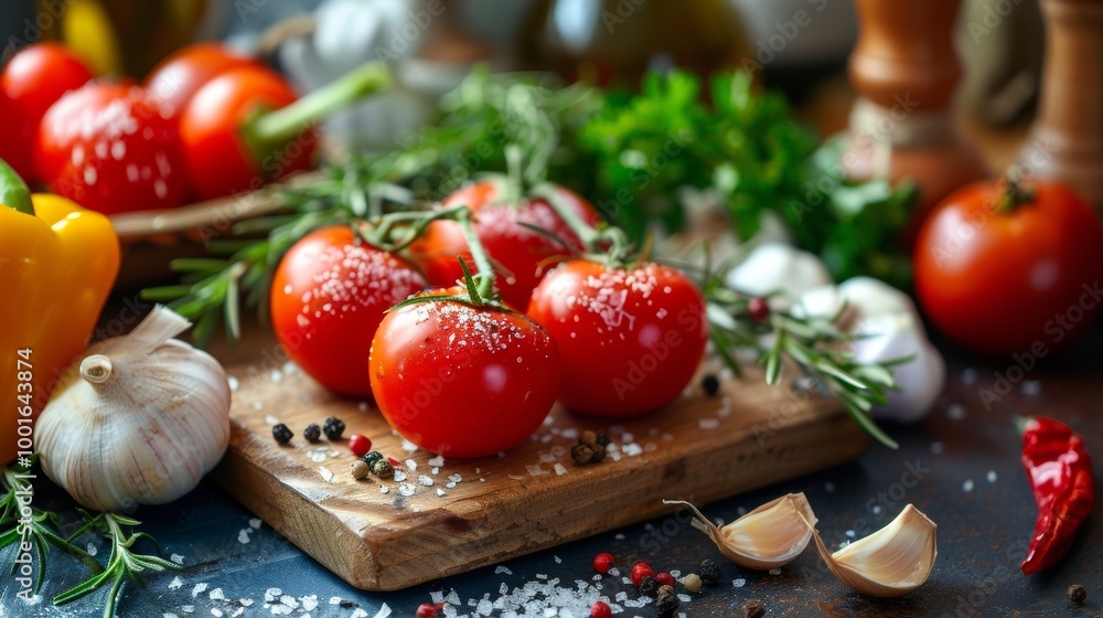Fresh tomatoes with garlic and herbs on a cutting board Fresh tomatoes with garlic and herbs on a cutting board