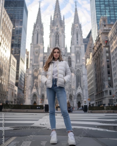 photo of woman standing in front of st patricks cathedral on broadway, she is wearing white jacket and blue jeans with sneakers, photo taken from the ground level, posted to reddit in winter 2018 --ar photo