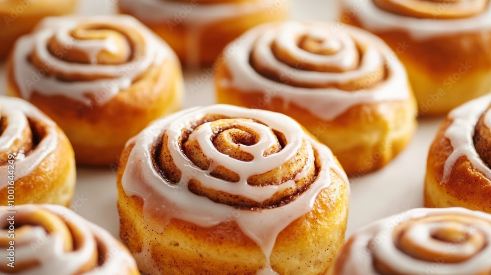 Freshly baked cinnamon rolls dripping with glaze soft dough with golden edges cozy autumn treat, super macro shot Freshly baked cinnamon rolls dripping with glaze soft dough with golden edges cozy autumn treat, super macro shot