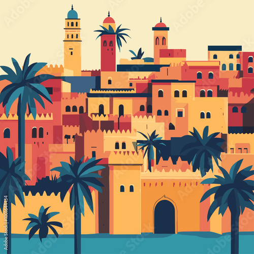 Vector Illustration of a Typical Moroccan Village with Palm Trees and Traditional Architecture