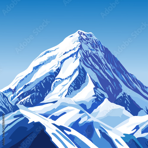Minimalist Mount Everest Vector Illustration - Blue and White