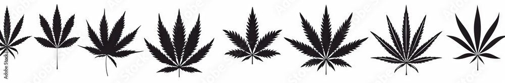 A logo design with various black and white marijuana leaf icons, arranged in an orderly fashion on the right side of the screen. The background is pure white, creating sharp contrast between colors. E A logo design with various black and white marijuana leaf icons, arranged in an orderly fashion on the right side of the screen. The background is pure white, creating sharp contrast between colors. E