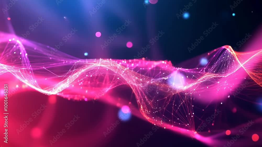 A pink and blue abstract wave with glowing particles creates a vibrant ...
