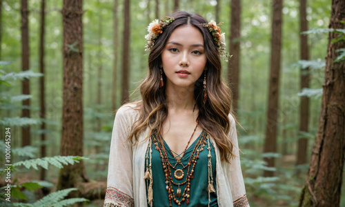 A woman with long brown hair wearing a flower crown stands in a forest