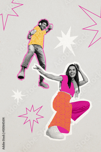 Vertical photo collage of happy american guy white girl listen music headphones disco occasion stars isolated on painted background