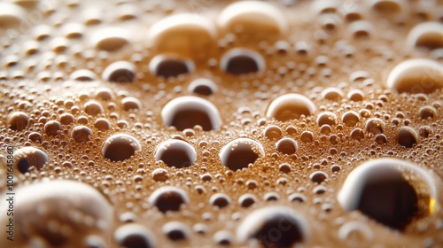 Macro of espresso crema with detailed bubbles and rich brown texture freshly brewed coffee photorealistic, super macro shot 